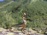 a toy lizard on a rock with a mountain in the background