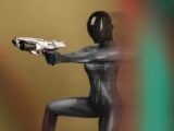 A futuristic female warrior in a sleek design, holding a sci-fi weapon.