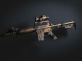 a close up of a rifle on a black background