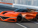 An orange sports car driving down a highway
