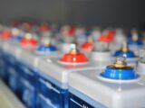 Rows of batteries with red and blue terminals.