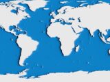 a blue and white map of the world