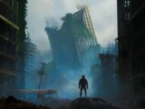 a man standing in the middle of a city surrounded by tall buildings