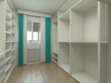 Spacious and modern minimalist wardrobe room with shelves and natural light.
