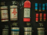 Close-up image of various riot control devices used in military settings.