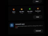 Phone storage management screen showing app data and uninstall options