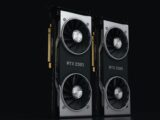 Close-up of two NVIDIA RTX 2080 graphics cards with dual fans, high-performance hardware.