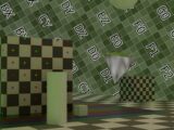 Checkered room with various geometric shapes and alphanumeric patterns